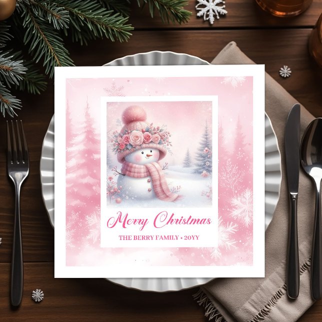 Serviette En Papier Whimsical Winter Forest Pink Snowman Christmas  (Whimsical Winter Forest Pink Snowman Christmas Napkins)