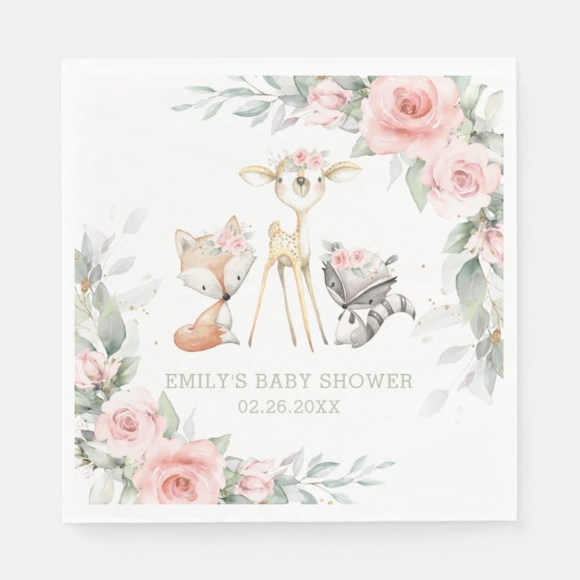 Serviette En Papier Whimsical Woodland Animaux Baby shower rose Floral (Devant)
