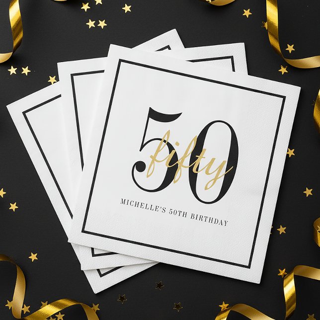 Serviette En Papier White 50th Birthday Party Black Gold Chic (Créateur téléchargé)