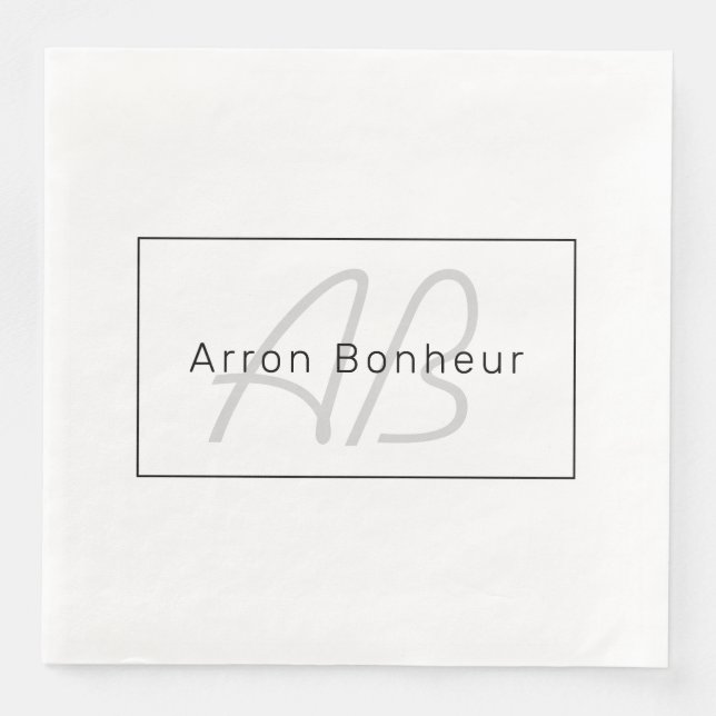 Serviette En Papier White Grey et Black | Cool Name & Monogram (Devant)