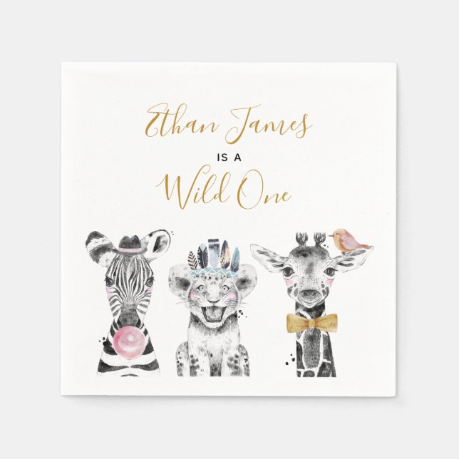 Serviette En Papier Wild One Animal Safari Noir Blanc Or Anniversaire (Devant)