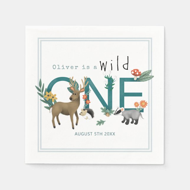 Serviette En Papier Wild One mignon Blue Woodland Animaux 1er annivers (Devant)