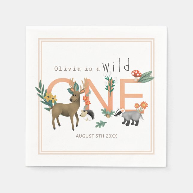 Serviette En Papier Wild One mignonne rose Bois Animaux 1er anniversai (Devant)
