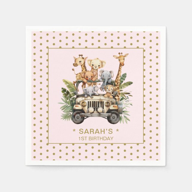 Serviette En Papier Wild One Safari Jungle rose 1er premier anniversai (Devant)