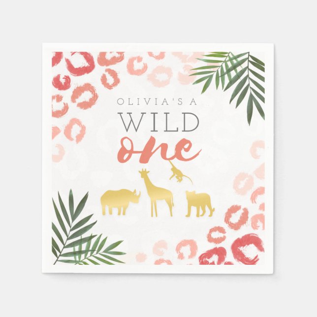 Serviette En Papier Wild One Safari rose et or 1er anniversaire (Devant)