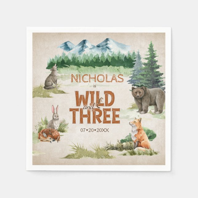 Serviette En Papier Wild Three Woodland Animal 3e fête d'anniversaire (Devant)