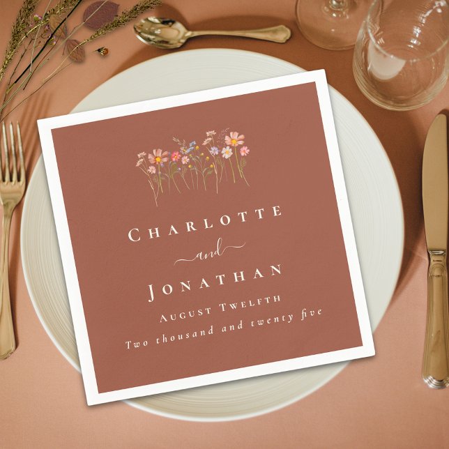 Serviette En Papier Wildflower Boho Fall Floral Custom Wedding (Elegant modern Wildflower boho fall floral terracotta Wedding custom napkin)