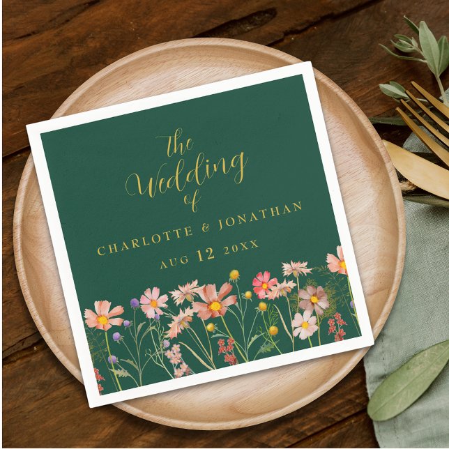 Serviette En Papier Wildflower Boho Floral Green Gold Wedding (Elegant Wildflower boho floral green & gold Wedding napkins watercolor meadow flowers)