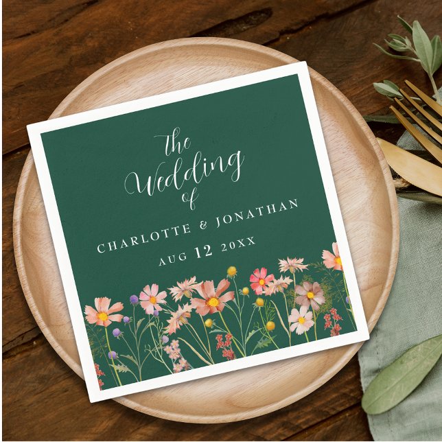 Serviette En Papier Wildflower Boho Floral Green Wedding (Personalized Wildflower boho floral green & elegant white script Wedding napkins meadow flowers)