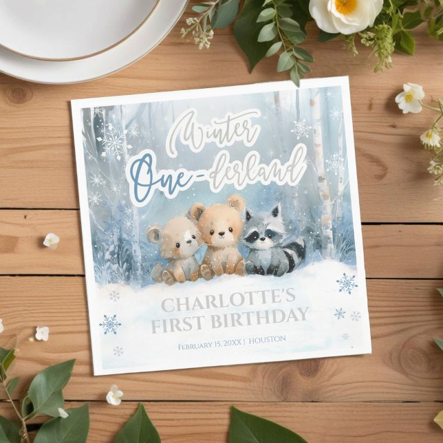 Serviette En Papier Winter Onederland Bear Blue First Birthday Party (Créateur téléchargé)