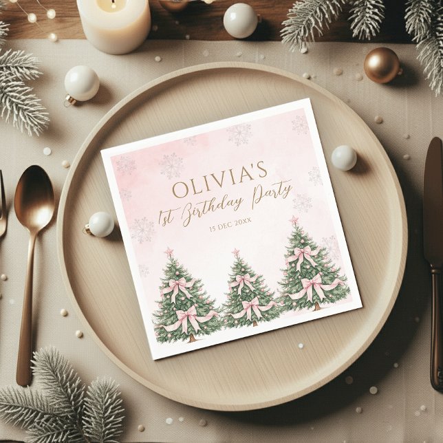 Serviette En Papier Winter Onederland Pink Bow Pine Trees 1st Birthday (Créateur téléchargé)