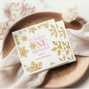 Serviette En Papier Winter Onederland Pink Gold Snowflake 1er annivers