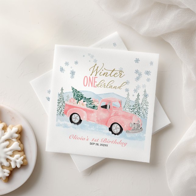 Serviette En Papier Winter Onederland Pink Truck First Birthday (Créateur téléchargé)