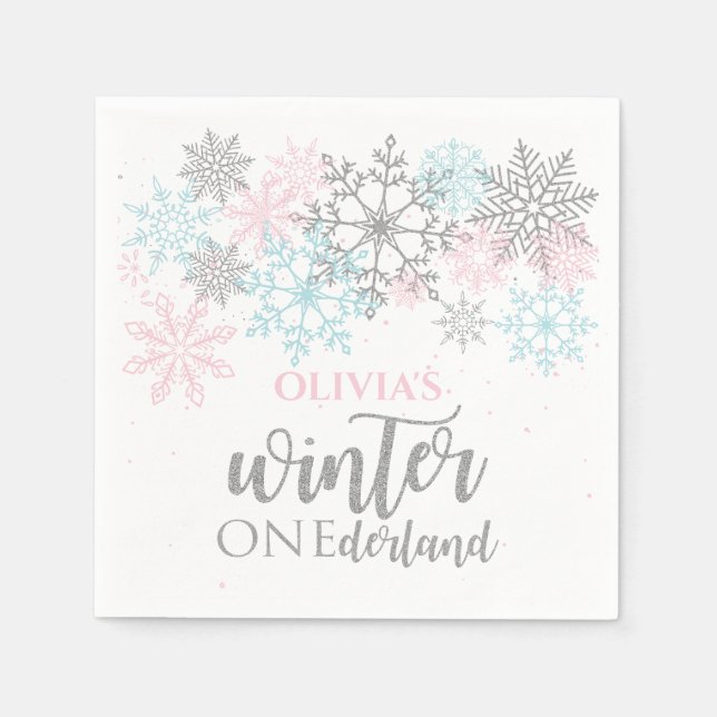 Serviette En Papier Winter Onederland Rose bleu argent parties scintil (Devant)