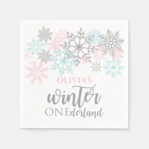Serviette En Papier Winter Onederland Rose bleu paillettes argentées