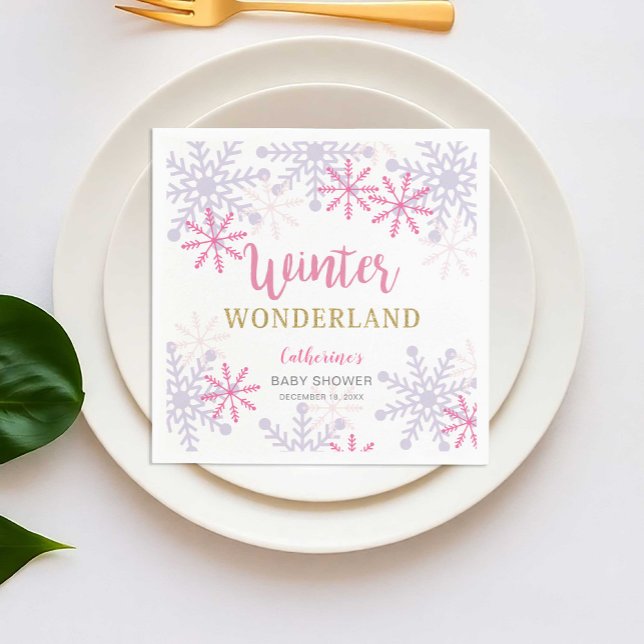Serviette En Papier Winter Wonderland Baby shower Snowflakes rose (Créateur téléchargé)