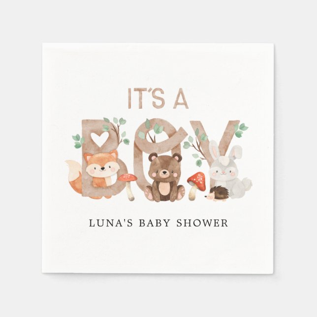 Serviette En Papier Woodland C'est un Baby shower garçon (Devant)