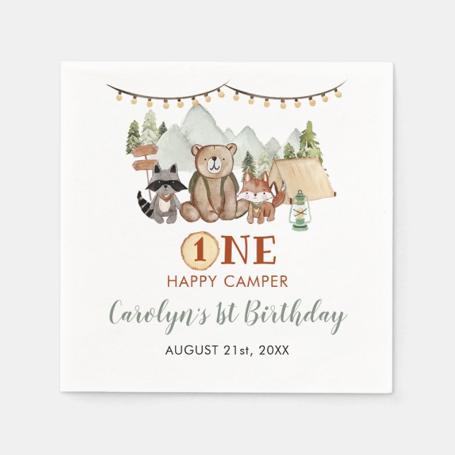 Serviette En Papier Woodland One Happy Camper First Birthday Paper (Devant)