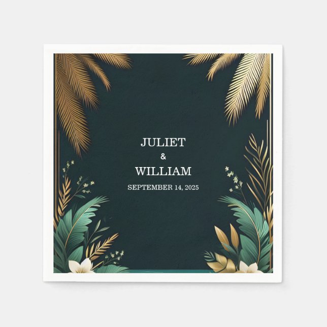 Serviette En Papier Wreath Turquoise Palm Beach Mariage Vert Et Or (Devant)