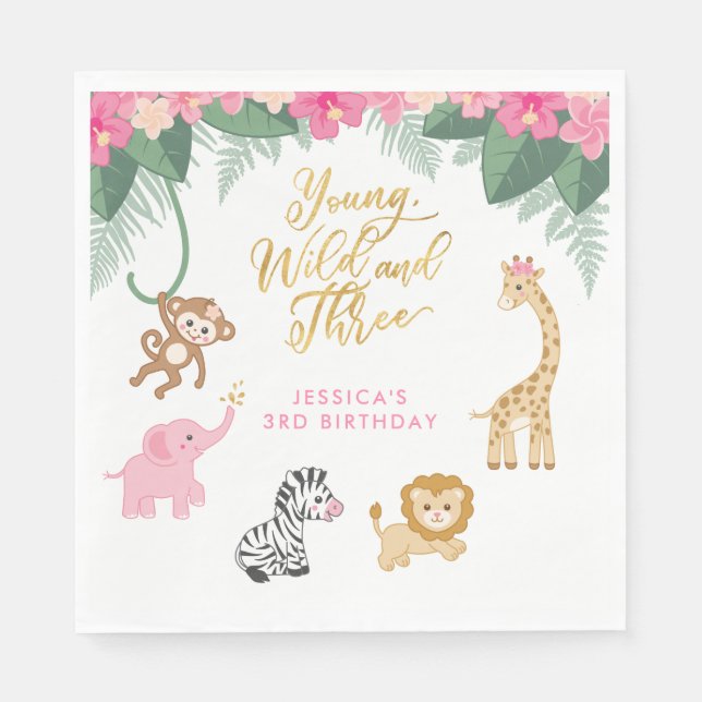 Serviette En Papier Young Wild and Three - Pink Safari Girl's 3rd (Devant)