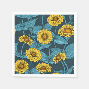 Serviette En Papier Zinnias jaune sur bleu foncé