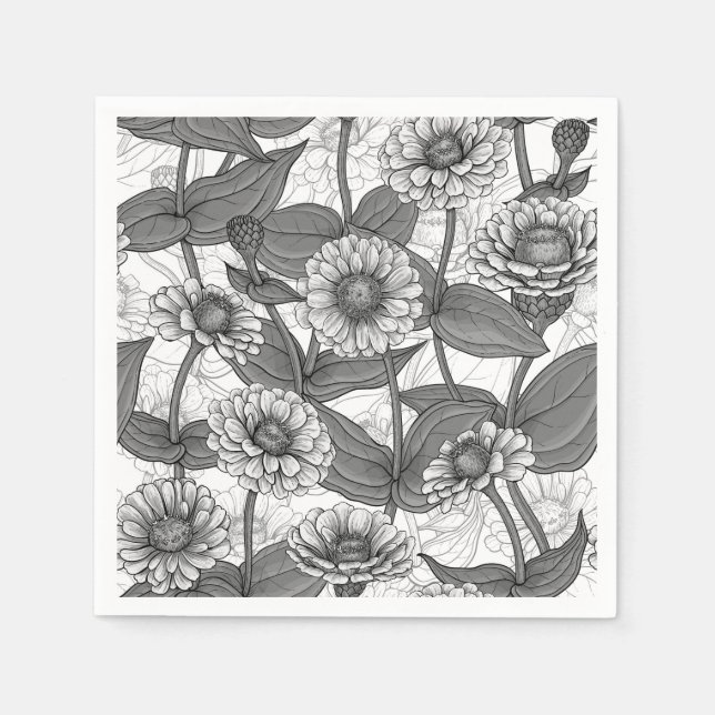 Serviette En Papier Zinnias, monochrome sur blanc (Devant)