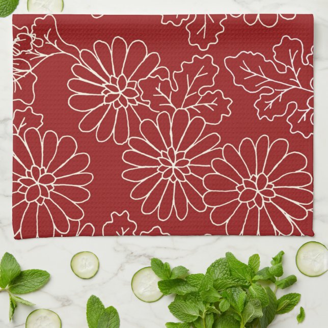 Serviette florale crème rouge foncé de tissu de (Plié)