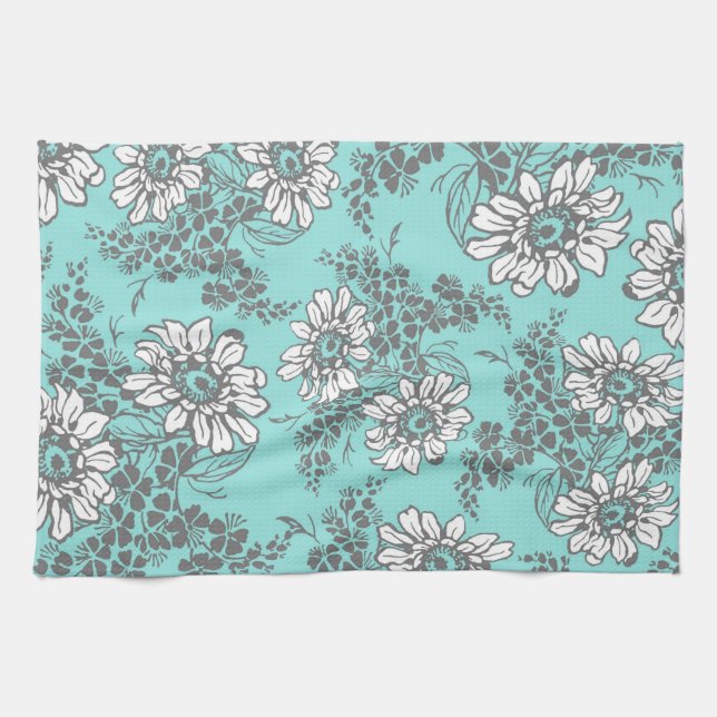 Serviette florale grise de tissu de cuisine d'Aqua (Horizontal)