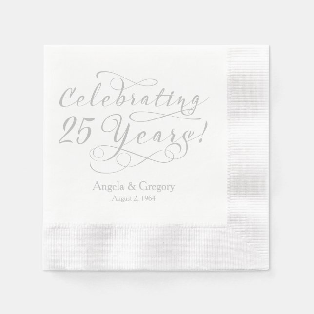 Serviette Jetable 25e anniversaire Mariage personnalisé Silver White (Devant)
