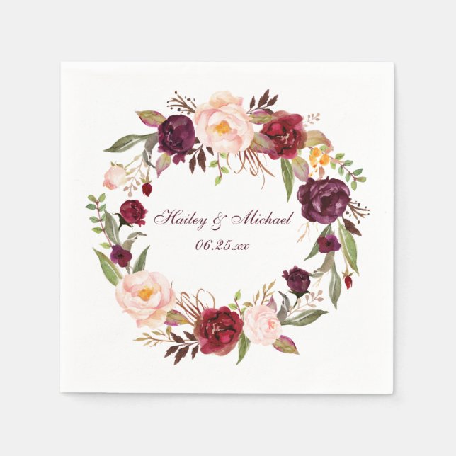 Serviette Jetable #2 Roses blanches de Marsala Burgundy | (Devant)
