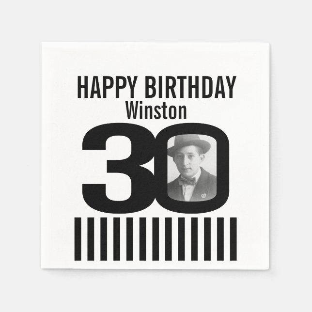 Serviette Jetable 30e anniversaire photo noir rayure photo serviette (Devant)