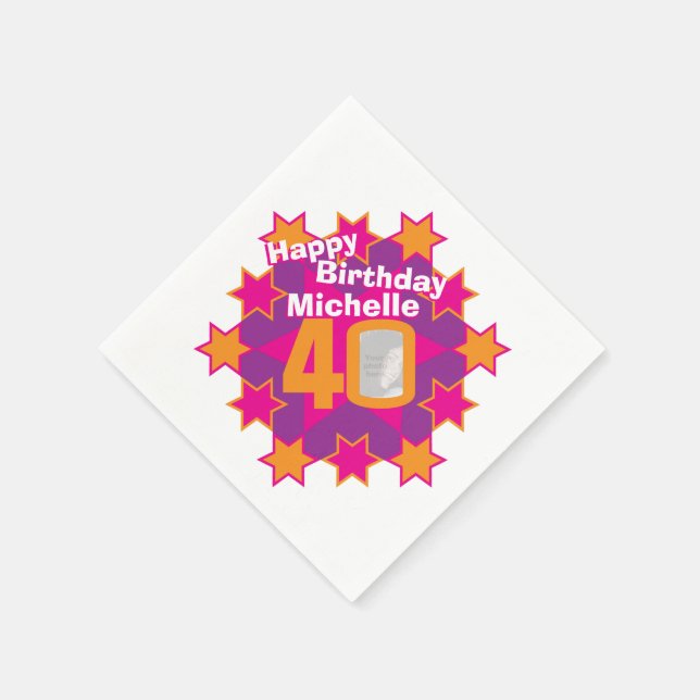 Serviette Jetable 40e anniversaire photo et nom rose étoiles serviet (Coin)