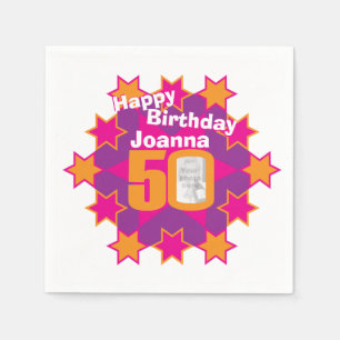 Serviette Jetable 50e anniversaire photo et nom rose étoiles serviet