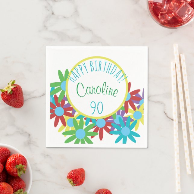 Serviette Jetable 90e anniversaire Bouquet floral Papier personnalis (En situation)