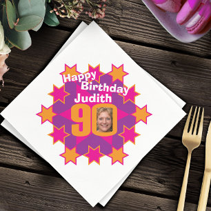 Serviette Jetable 90e anniversaire photo et nom rose star serviettes
