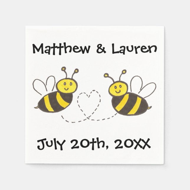 Serviette Jetable Abeilles de miel avec coeur sur blanc avec nom et  (Devant)