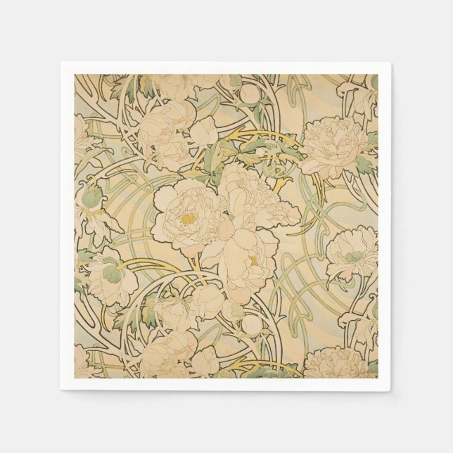 Serviette Jetable Alphonse Mucha Peonies Peony Roses Fawn 1897 (Devant)