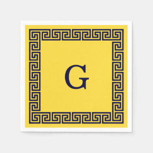 Serviette Jetable Ananas, Clé grecque bleue marine #1 Monogramme enc