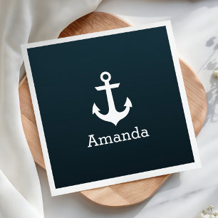 Serviette Jetable Ancre blanche nautique bleu ombré nom personnalisé