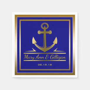 Serviette Jetable Ancre d'or Nautique moderne Mariage Marine Bleu