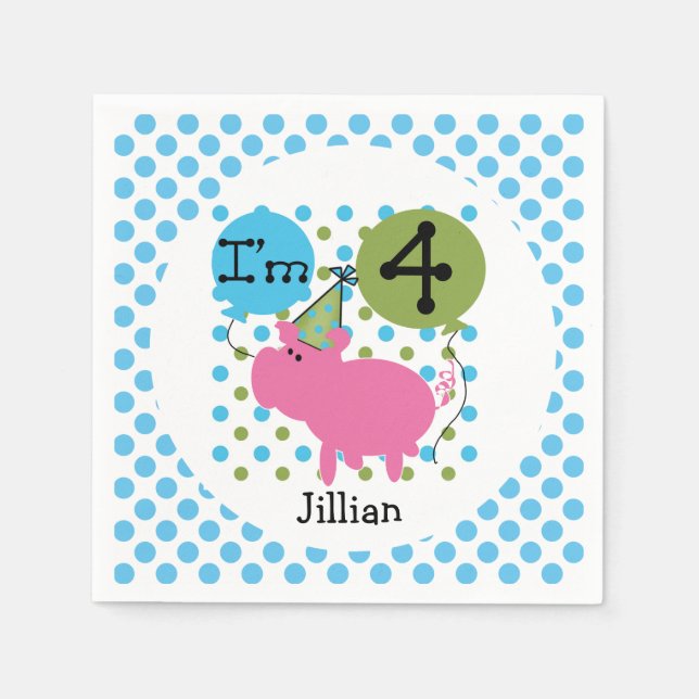 Serviette Jetable Animaux de ferme Cochon bleu 4e Anniversaire Papie (Devant)