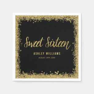 Serviette Jetable Anniversaire noir de parties scintillantes d'or du