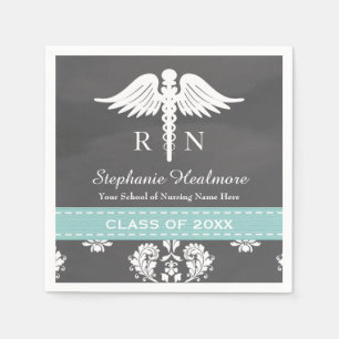 Serviette Jetable Aqua Blue Chalkboard Caduceus Nurse Graduation