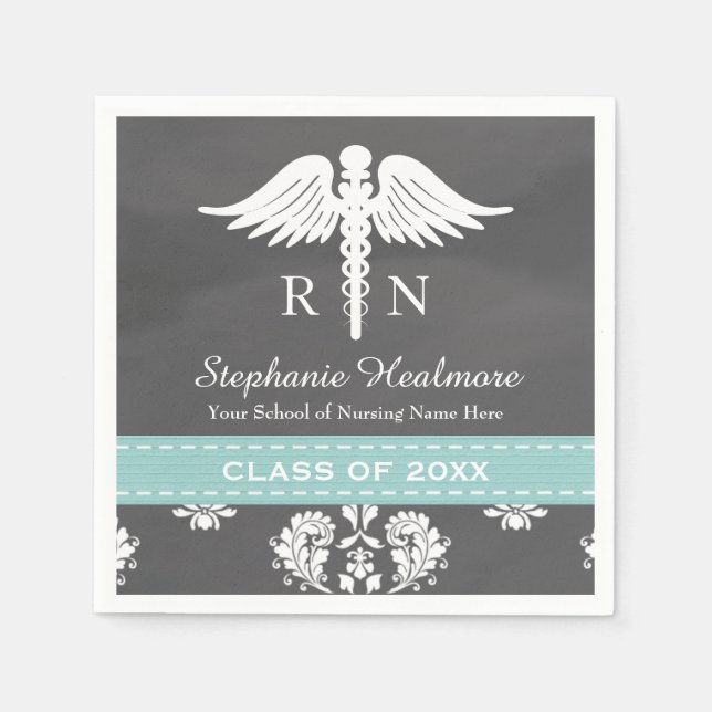 Serviette Jetable Aqua Blue Chalkboard Caduceus Nurse Graduation (Devant)