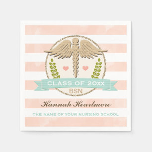 Serviette Jetable Aqua et Coral Caduceus Nurse Graduation