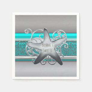 Serviette Jetable Aqua & étoile de mer argentée Élégante fête de pla