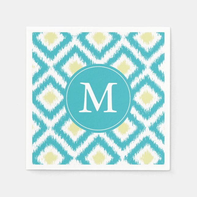 Serviette Jetable Aqua monogramme et Motif Ikat jaune (Devant)