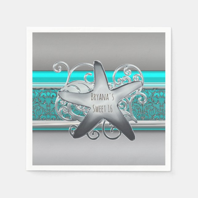 Serviette Jetable Aqua & Silver Starfish Soirée de plage élégante (Devant)