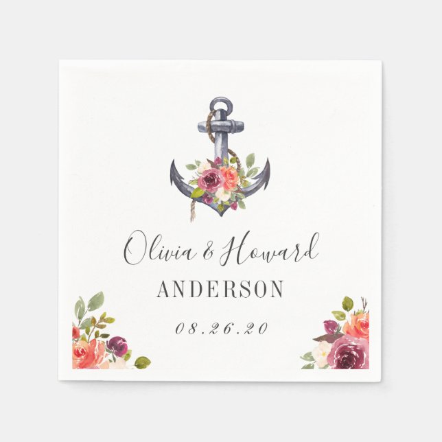Serviette Jetable Aquarelle Ancre marine Mariage floral noeud (Devant)