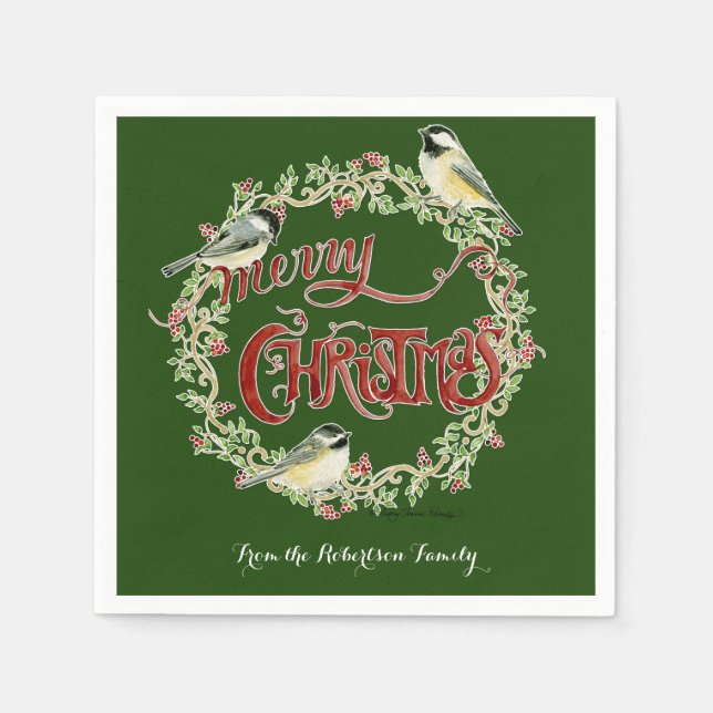 Serviette Jetable Aquarelle Chickadee Birds Joyeux Noël Wreath (Devant)
